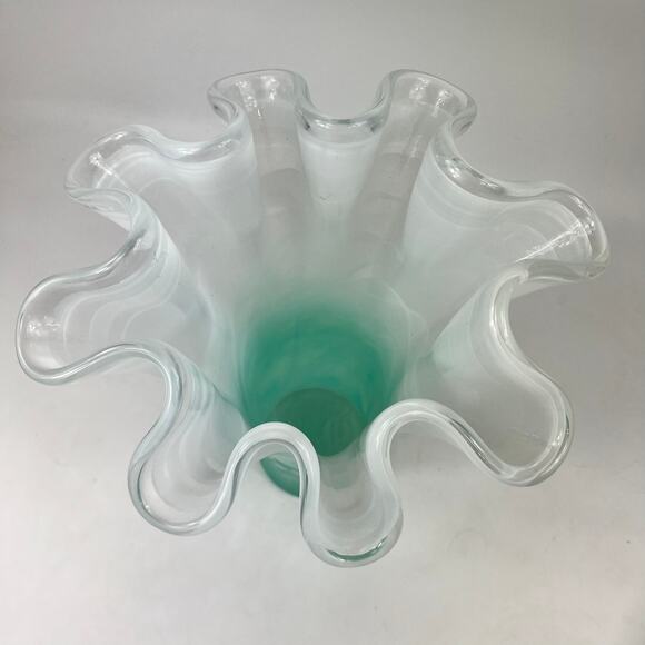 Murano Art Glass Vase Encased Green White Swirl Ruffled Rim 16" Italian Blown - Picture 6 of 16